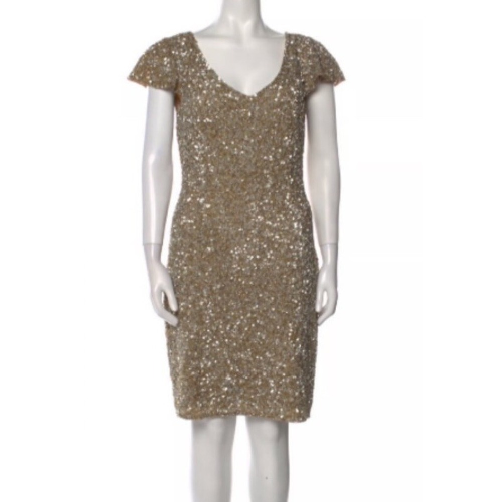 NWT Theia Gold Sequin Flutter Sleeve Shift Dress Metallic‎ & Neutrals Sz 16